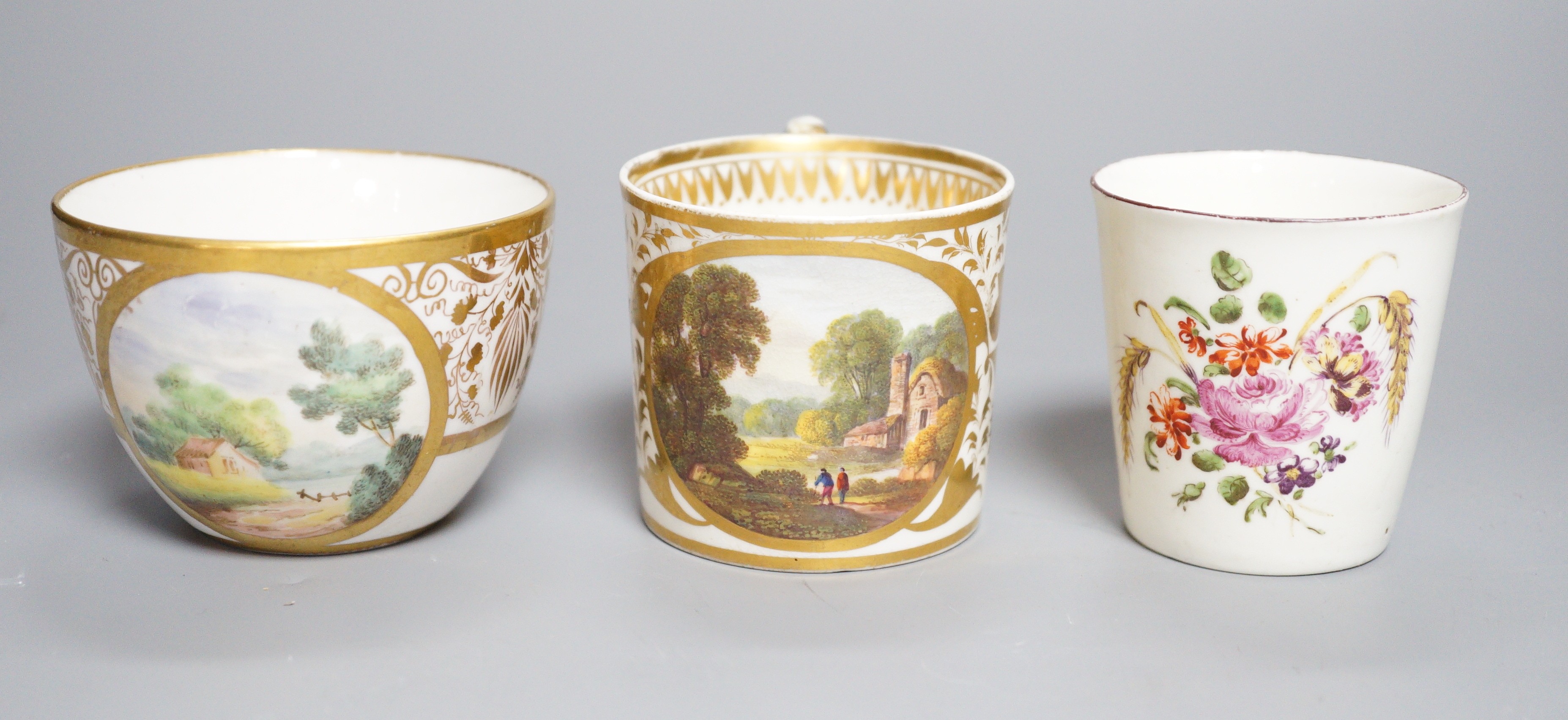 An 18th century miniature porcelain tumbler, probably Derby, a Derby coffee can and a Bute-shape coffee cup